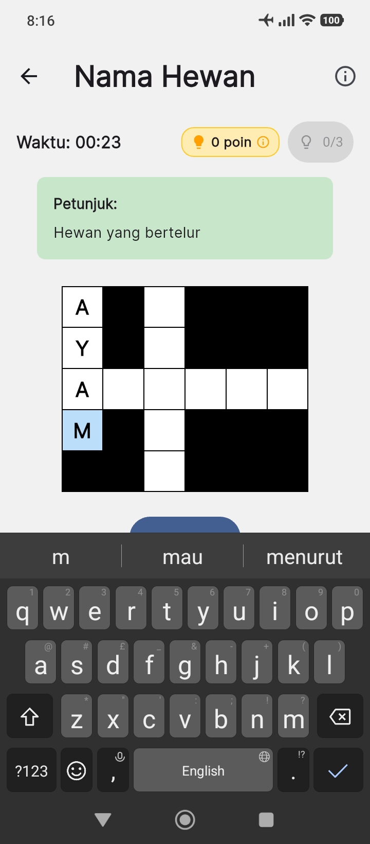 Tampilan permainan teka-teki silang di SilangPintar